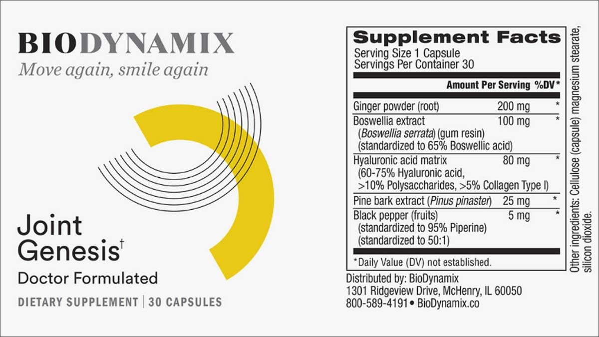 Joint Genesis Supplement Facts panel: serving size 1 capsule, ginger 200 mg, Boswellia 100 mg, hyaluronic acid matrix 80 mg, pine bark extract, black pepper 5 mg