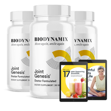 Three bottles of BioDynamix Joint Genesis with the 2 free bonus guides — 3-bottle package